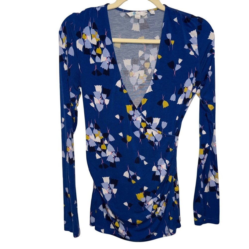 Boden Long Sleeve Floral Faux Wrap Top Size 4 Blue & Multicolor